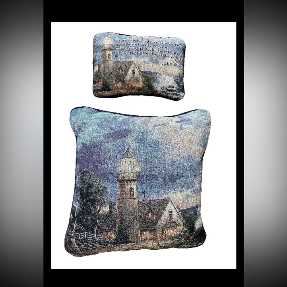 2 Throw Pillows Tapestry Thomas Kinkade Lighthouse Cottage Sea John 8:12 Verse